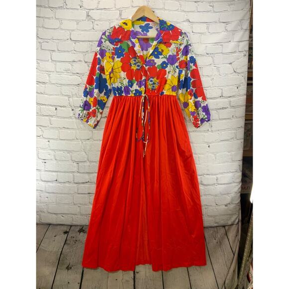 Other - Vintage 70’s Psychedelic Bright Floral Print Sheer House Lounge Dress Groovy Mod
